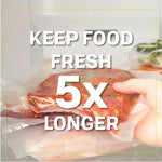 Hand placing a vacuum-sealed bag of seasoned meat into a fridge with bold overlay text claiming food stays fresh 5x longer