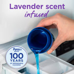 Hand pouring blue liquid from a measuring cap into a washer drawer with Purex 100 years badge and lavender scent text