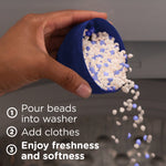 Hand pouring white and purple scent booster beads from a blue measuring cap with usage steps overlaid