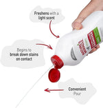 Image of a hand pouring Nature's Miracle bottle with captions pointing to 'Convenient Pour' and 'Begins to break down stains on contact'.