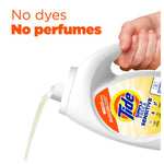 Hand pouring liquid from a Tide Simply Free & Sensitive bottle with bold text 'No dyes No perfumes' at top