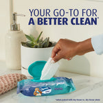 Lifestyle shot of a hand pulling a wipe from a teal Charmin flushable wipes packet on a bathroom counter