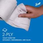 Hand pulling a sheet from a Scott toilet paper roll on a blue background with 2-ply product text and Scott logo.