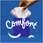 Hand pulling a tissue from a purple Kleenex cube with 'comfort' script and two floating feathers on a blue background