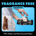 Close-up graphic of hand pulling a wipe from a DUDE Wipes pack with brown smear on white shorts