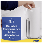Hand reaching for a paper towel roll on a chrome holder, overlaid with a blue panel reading 'Reliable Performance At An Affordable Cost' and POM logo.