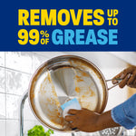 Hand scrubbing a greasy stainless steel pan with a sponge under headline claiming removal of up to 99% of grease