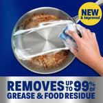 Hand scrubbing a stainless steel pan with soapy sponge showing a cleaned strip and 'New & Improved' badge