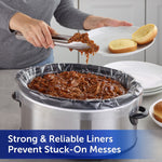 Hands using tongs to serve shredded meat from a slow cooker fitted with a clear liner, blue banner stating liner strength