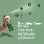 Lifestyle graphic of a hand spraying a Citrus Magic Bamboo Rainforest can with spray mist and descriptive text