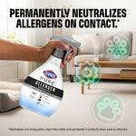 Hand spraying Clorox PURE Allergen Neutralizer bottle in a living room scene with allergen icons
