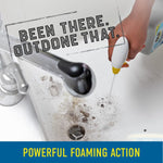 Close-up of a hand spraying CLR foam into a stained sink basin with headline “Been there. Outdone that.”