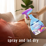 Hand holding a Febreze Fabric Gain Moonlight Breeze spray aimed at a couch cushion with 'spray and let dry' text.