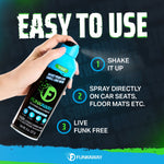 Hand holding and spraying a Funkaway aerosol can with instructional text 'Easy to use' and three numbered steps at the right.