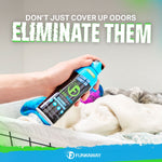 Hand holding a FunkAway closet refresher spray over a laundry hamper with text urging to eliminate odors