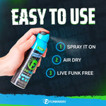 Hand holding and spraying a FunkAway Sport aerosol can with usage steps “Spray it on, Air dry, Live funk free”
