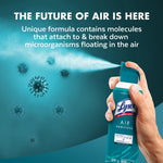 Hand spraying Lysol Air Sanitizer with illustrated airborne particles and text about the formula breaking down microorganisms