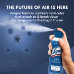 Hand spraying Lysol Air Sanitizer can with visible spray and stylized floating microbes and explanatory headline text.
