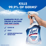 Hand spraying Lysol Power Bathroom Foamer with text claiming it kills 99.9% of germs and lists illnesses