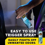 Hand spraying a Meguiar's Air Re-Fresher bottle inside a vehicle with headline text 'Easy to use trigger spray' and product thumbnail.