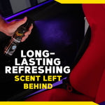 Hand spraying Meguiar’s Air Re-Fresher toward a car seat area with text about long-lasting refreshing scent left behind.