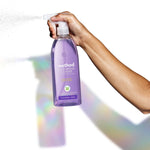 Hand spraying a purple Method all-purpose cleaner bottle, creating a fine mist with colorful prism-like shadows behind the bottle.