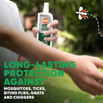 Close-up of a hand holding an OFF! Deep Woods spray bottle, with text promoting long-lasting protection against mosquitoes and ticks.