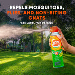 Hand spraying OFF! Outdoor fogger across a grassy yard with headline stating it repels mosquitoes, flies, and non-biting gnats.