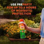 Hand holding and spraying an OFF! Outdoor fogger can with orange headline text about up to six hours of mosquito protection.