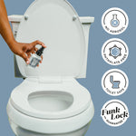 Photo of a hand spraying a Poo-Pourri bottle into an open toilet, with product benefit icons on the right.