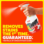 Hand spraying a bottle of Shout Triple Acting stain remover with bold text ‘Removes stains the 1st time’ on orange background