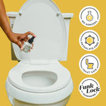 Toilet scene showing a hand spraying a small Poo-Pourri bottle toward the bowl with icons for 'No Aerosol', 'Phthalate Free', and 'Toilet Safe'.