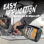 Hand holding a Star brite Vinyl Protect spray bottle over a vinyl surface with text promoting easy application