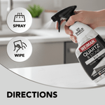 Hand spraying Weiman Quartz & Stone bottle over a countertop with spray and wipe icons