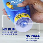 Close-up of a hand squeezing the inverted Dawn EZ-Squeeze bottle cap with callouts for 'No flip' and 'No mess' anti-leak feature