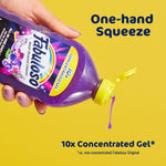 Hand squeezing a purple bottle of Fabuloso gel over a yellow background with text promoting one-hand squeeze and 10x concentrate.