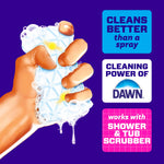Hand squeezing a foaming blue Magic Eraser with text callouts highlighting Dawn cleaning power and shower scrubber compatibility.