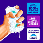Illustration of hand squeezing a foaming blue Magic Eraser with callouts claiming it cuts through 100% of grease and the Dawn logo