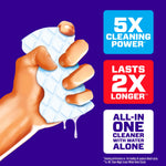 Illustration of a hand squeezing a textured Magic Eraser sponge with callouts: "5X cleaning power" and "Lasts 2X longer"