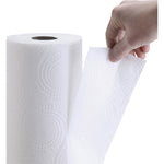 Hand pulling a perforated sheet from a white embossed paper towel roll, showing texture and tear line
