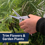 Hand holding pruning shears trimming green garden foliage, with overlay text reading ‘Trim Flowers & Garden Plants’.