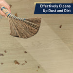 Hand using a curved straw whisk broom to sweep debris from a wood-like floor with overlay text 'Effectively Cleans Up Dust and Dirt'.