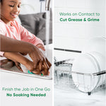 Split image of a person washing dishes by hand and a drying rack with clean plates showing Palmolive benefits text