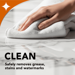 Hand wiping a glossy marble countertop with a white microfiber cloth and text highlighting “CLEAN” and stain-removal benefits
