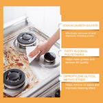Hand wiping a greasy stovetop with a white cloth alongside ingredient callouts and cleaning claims