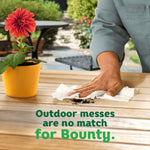 Hand wiping soil from a wooden table with a Bounty sheet and a potted flower in scene
