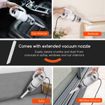 Collage showing handheld vacuum used to clean car interior, bedside, sofa and window groove with extended crevice nozzle displayed.