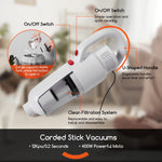 Close-up of white handheld vacuum body with labeled callouts for on/off switch, U-shaped handle and clean filtration system.