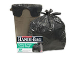 Handi-Bag branded box with a tied black trash bag and a black-lined beige wastebasket, product display