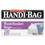 Handi-Bag branded box front showing 'Wastebasket Bags' label, purple accent panel and small tied white trash bag image